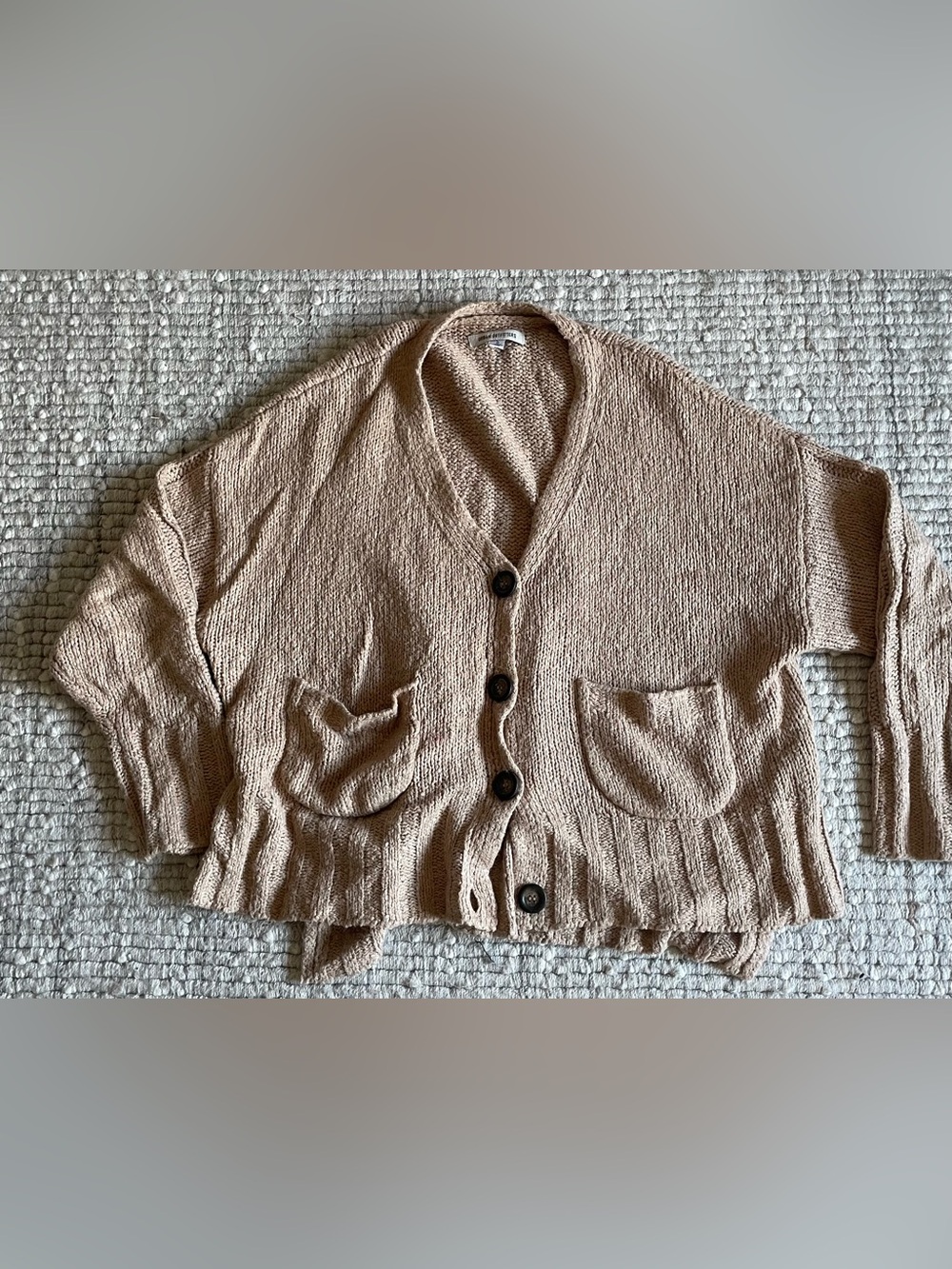 Beige Button-Front Cropped Knit Cardigan Sweater | Large